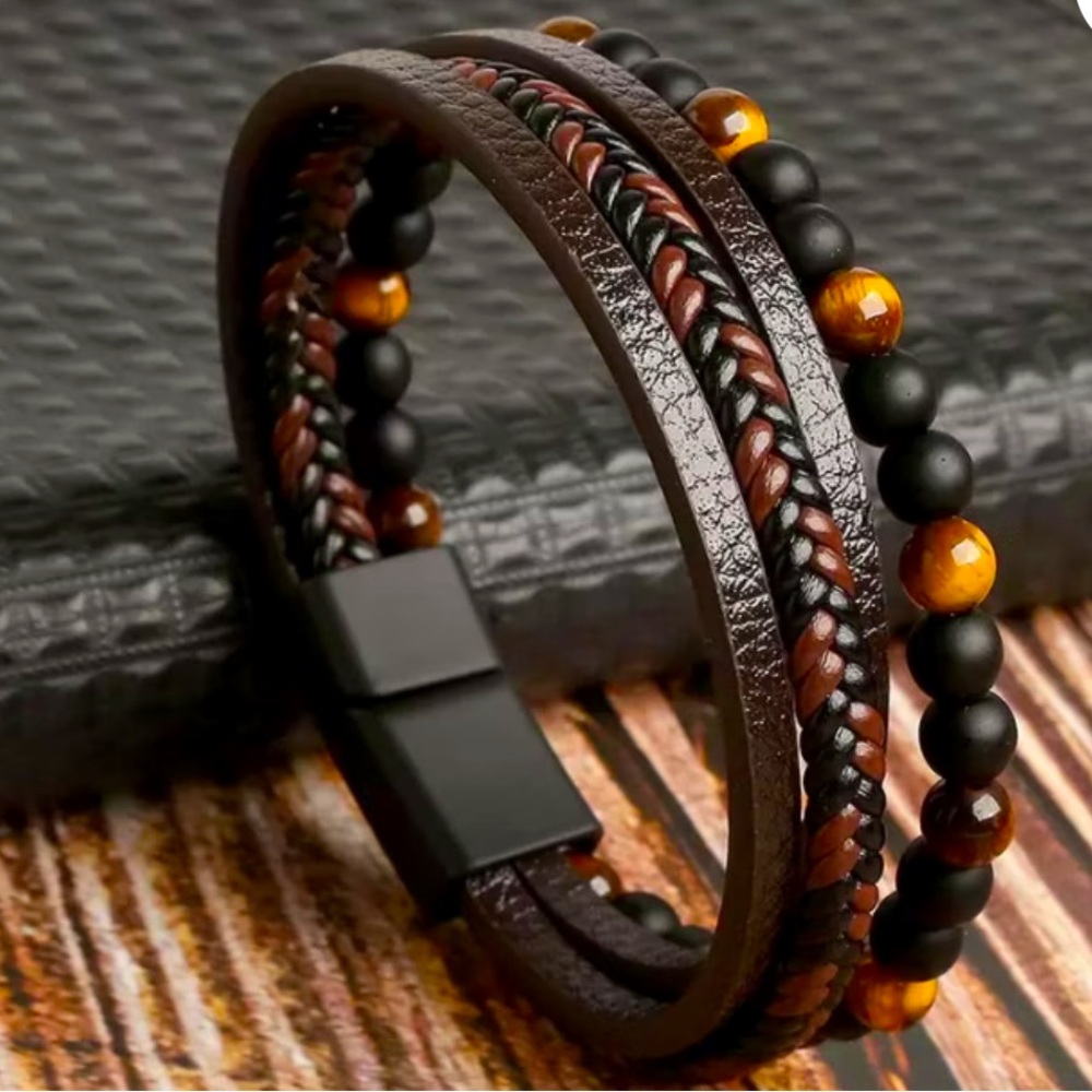 Leather bracelet for men with Tiger's eye stone